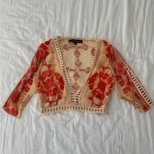 For Love And Lemons Sheer Top with Red and Cream Embroidery